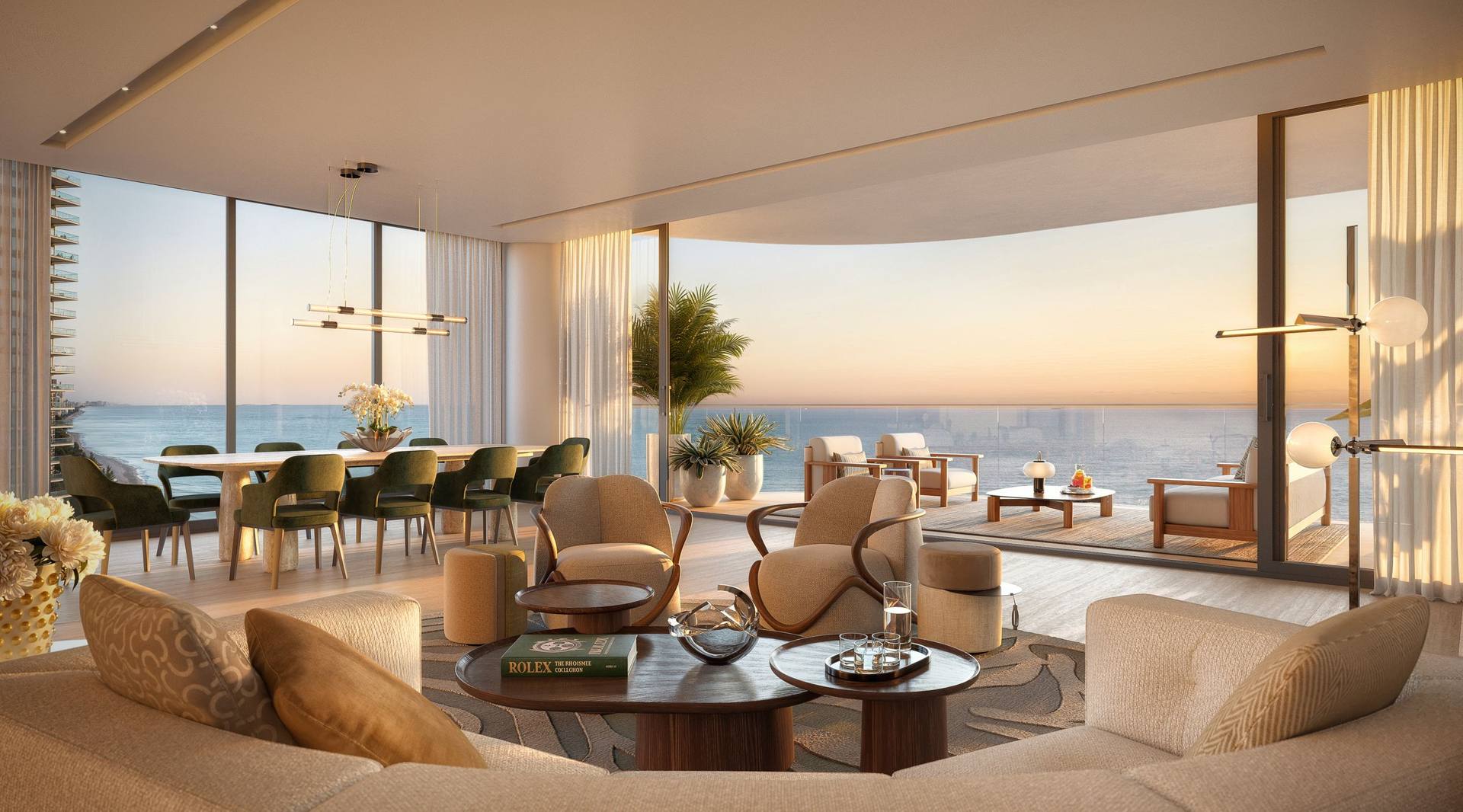 Residence great room at sunrise — The St. Regis Residences, Sunny Isles Beach (artist rendering)