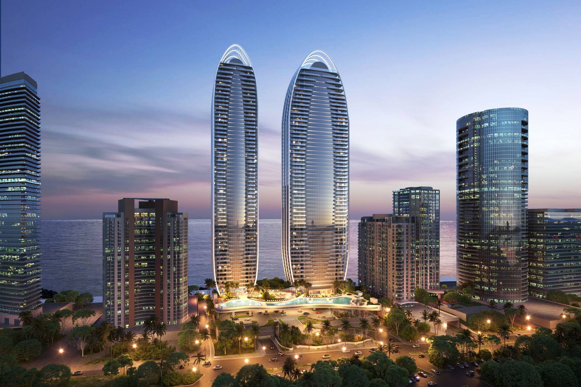 The towers at night — The St. Regis Residences, Sunny Isles Beach (artist rendering)