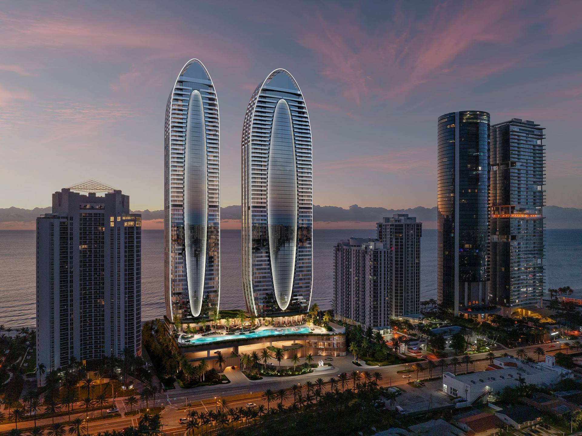 West elevation at dusk — The St. Regis Residences, Sunny Isles Beach (artist rendering)