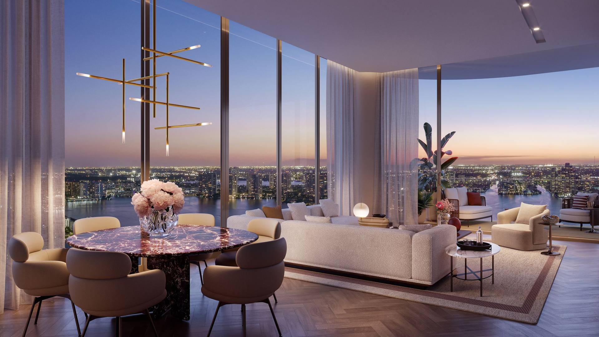 Living room in the evening, Residence 3703 — The St. Regis Residences, Sunny Isles Beach (artist rendering)